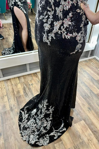 Sequin Appliques Spaghetti Strap Long Prom Dress with Slit