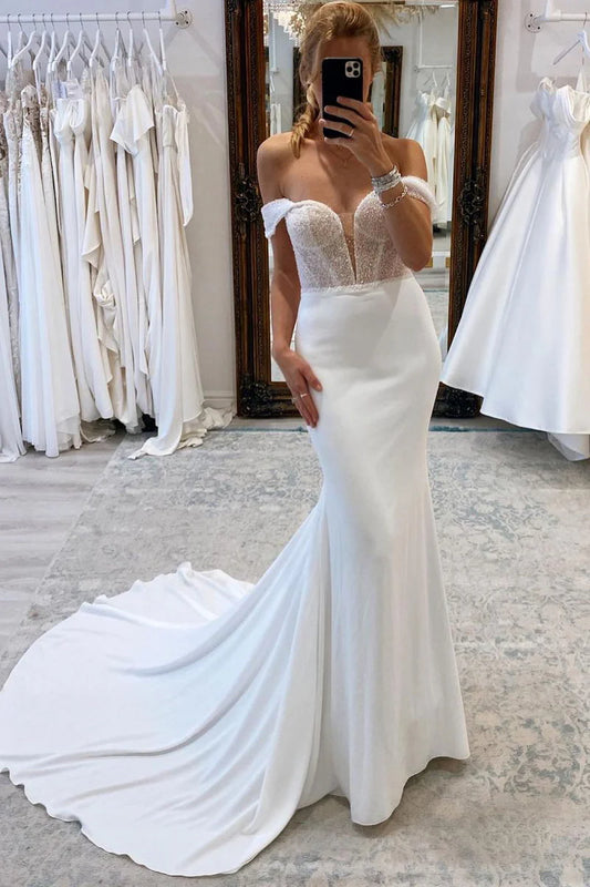 Elegant Mermaid Off the Shoulder Satin Wedding Dresses with Beading