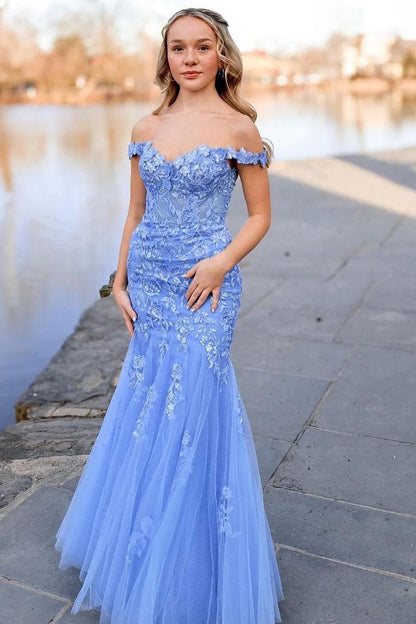 Tulle Appliques Off-the-Shoulder Trumpet Long Prom Dress
