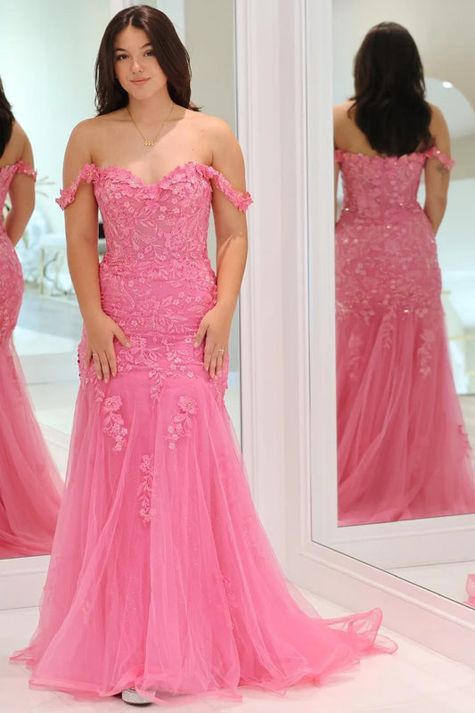 Tulle Appliques Off-the-Shoulder Trumpet Long Prom Dress
