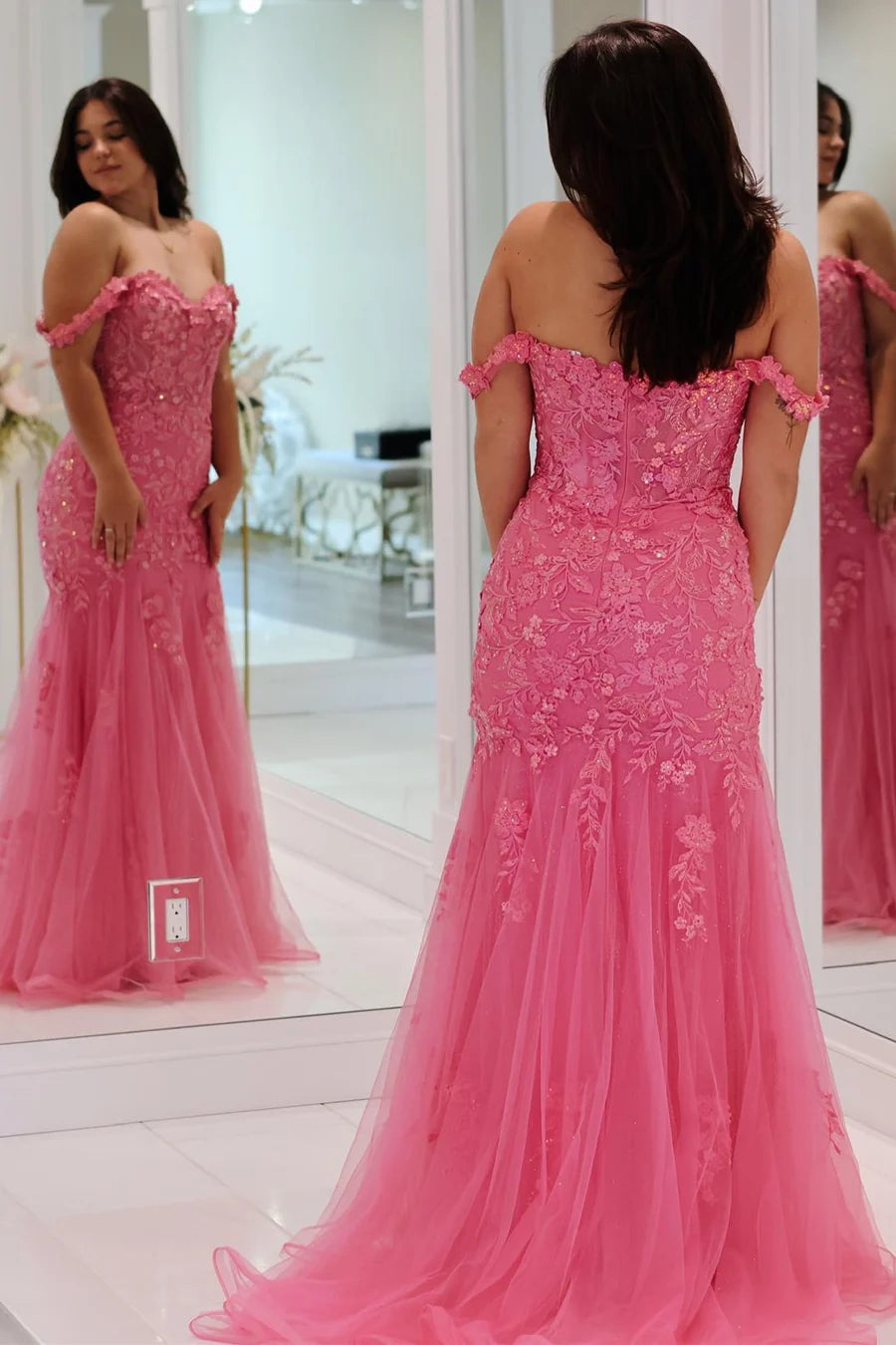Tulle Appliques Off-the-Shoulder Trumpet Long Prom Dress