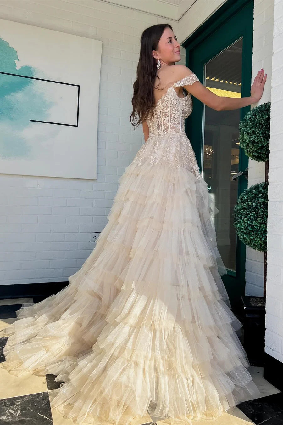 Appliques Off-the-Shoulder Ruffle Tiered Long Prom Dress