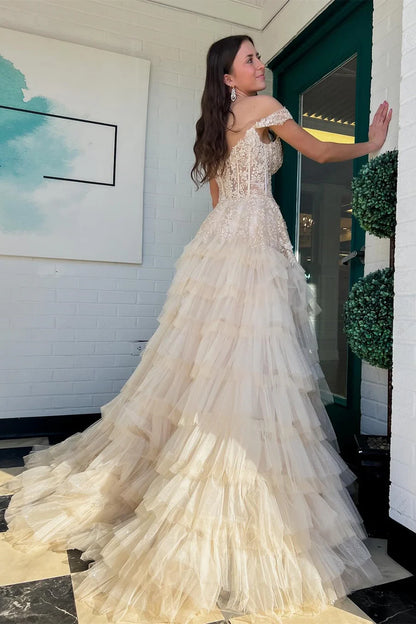 Appliques Off-the-Shoulder Ruffle Tiered Long Prom Dress