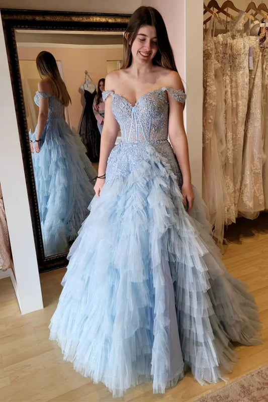 Appliques Off-the-Shoulder Ruffle Tiered Long Prom Dress