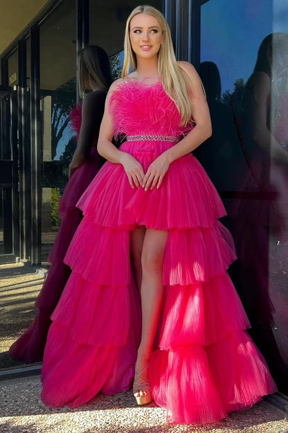High-Low Strapless Feathers Prom Dress
