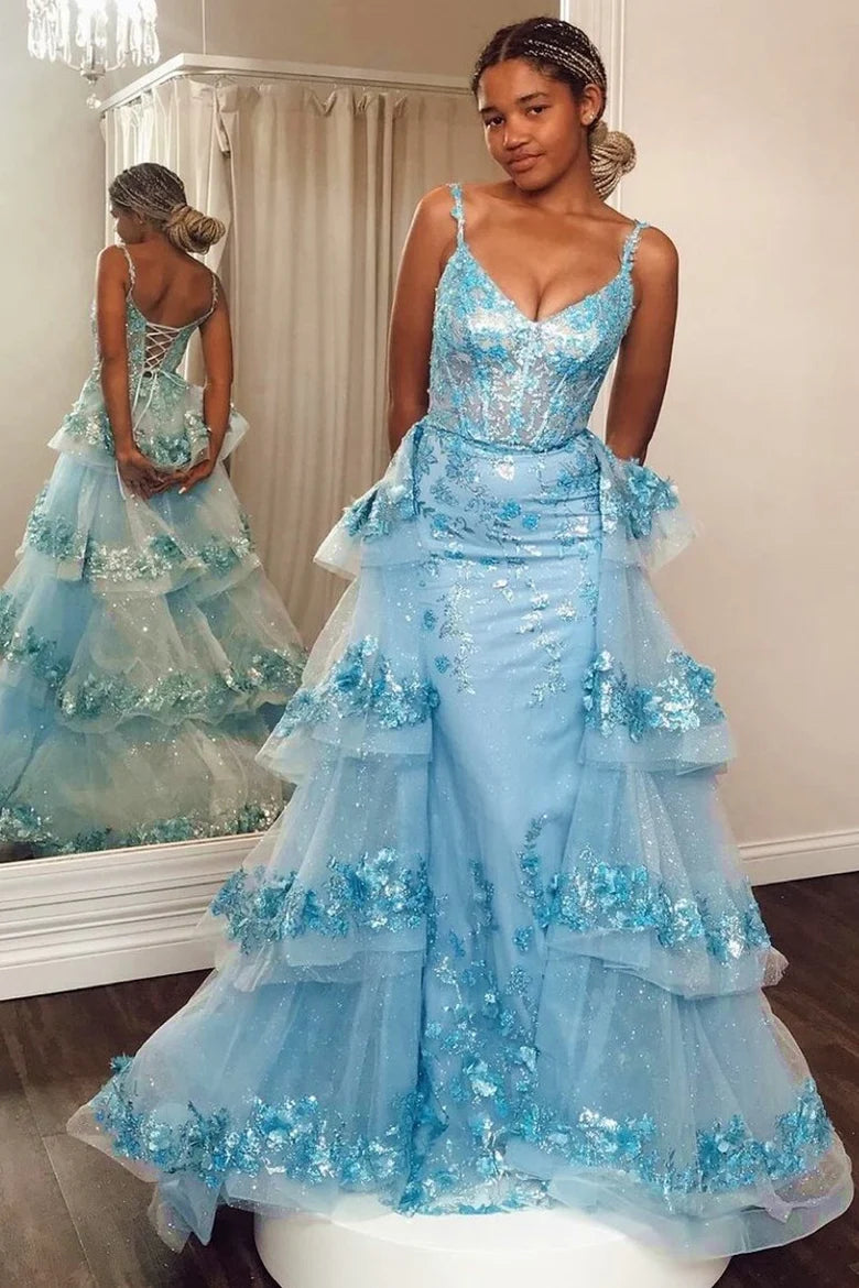 Sequin Lace V-Neck Pageant Dress with Attached Train