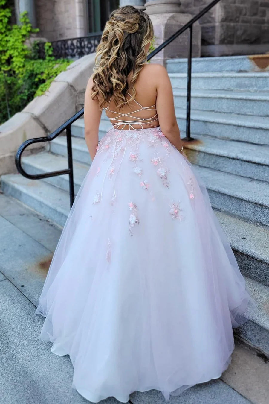 Tulle Lace-Up Back Ball Gown with 3D Floral Lace