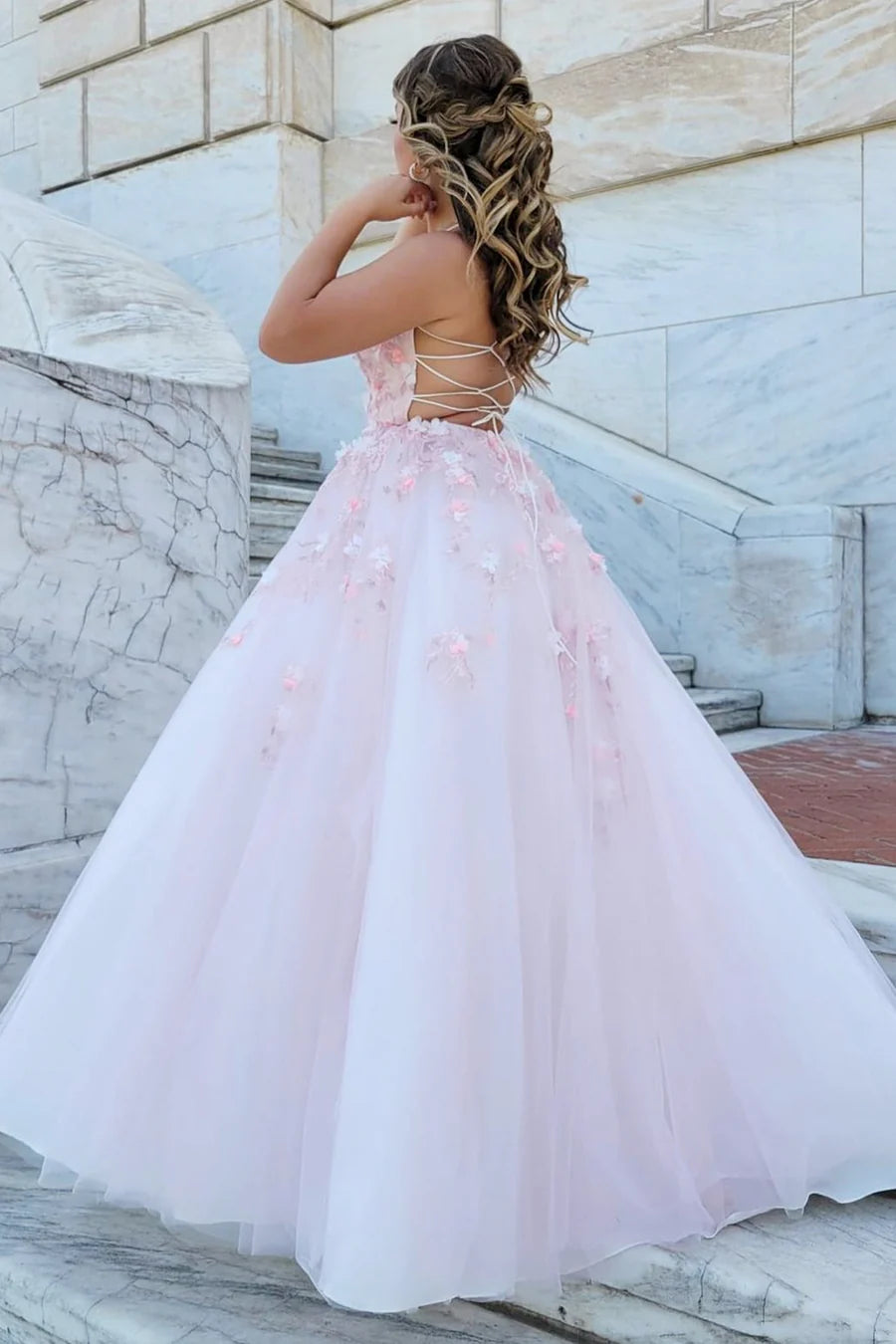 Tulle Lace-Up Back Ball Gown with 3D Floral Lace