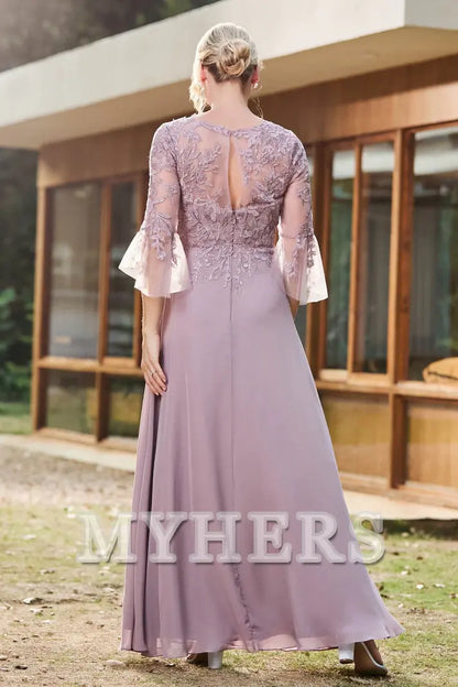 My Hers New Product Mother of The Bride Dress Ruffles Illusion Neck Lace Applique Chiffon Dress Elegant Wedding Guests Dresses