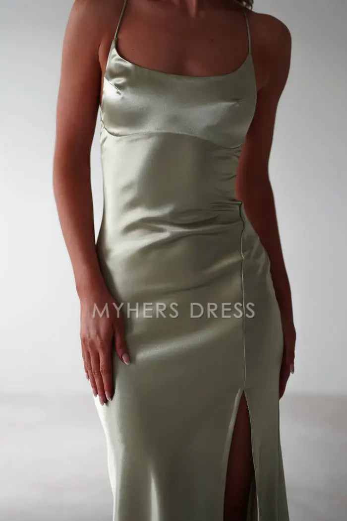 My Hers Prom Dress Figure Slimming Slip Dress Straight Neckline Low Back Adjustable Tie Straps Elegant Simple Ladies Formal Dress