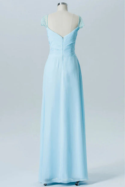 Light Blue Chiffon Sweetheart Pleats Sheer Puff Sleeve Bridesmaid Dress