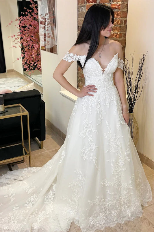 White Appliques V-Neck Off-the-Shoulder Sheer Back Mopping The Floor Long Wedding Dress