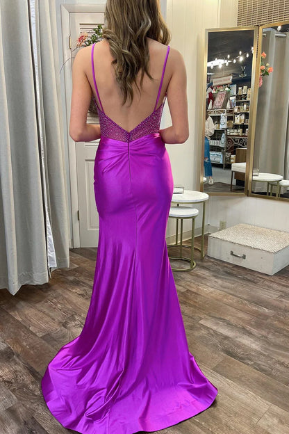 Hot Stone Spaghetti Strap Long Prom Gown with Slit