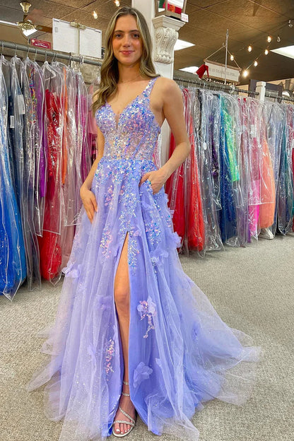 Tulle Appliques V-Neck A-Line Long Prom Dress with Slit