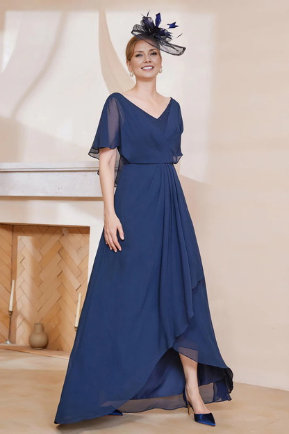 Fall November December Wedding Guest Dress Mother of the Groom / Bride Dresses V-neck Flutter Sleeves Chiffon Elegant Long Dress