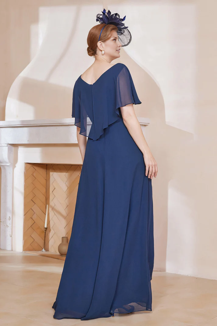 Fall November December Wedding Guest Dress Mother of the Groom / Bride Dresses V-neck Flutter Sleeves Chiffon Elegant Long Dress