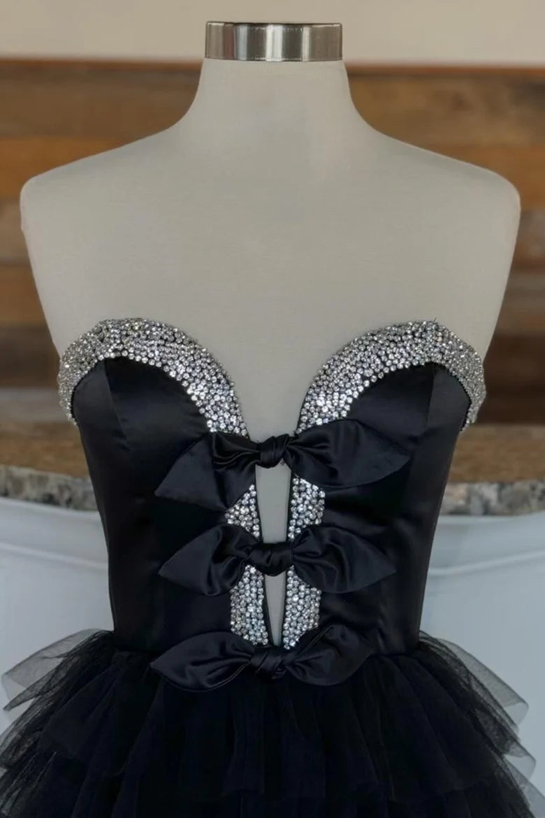Strapless Bow Ruffle Long Prom Dress with Slit