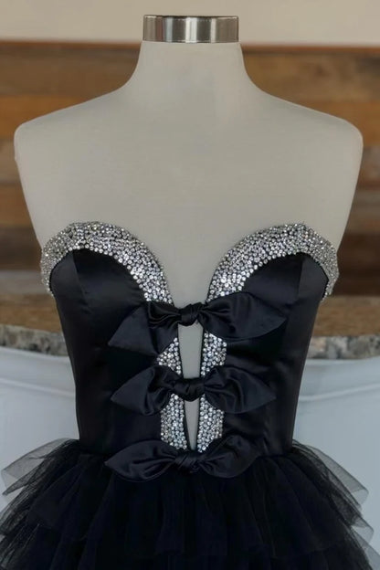 Strapless Bow Ruffle Long Prom Dress with Slit