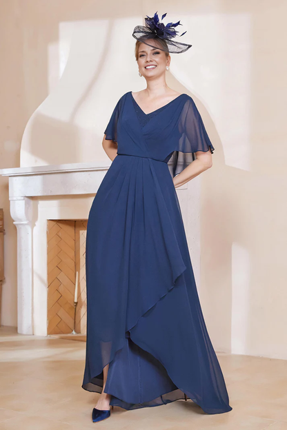 Fall November December Wedding Guest Dress Mother of the Groom / Bride Dresses V-neck Flutter Sleeves Chiffon Elegant Long Dress