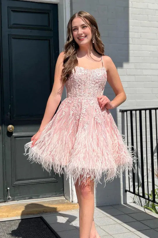 A-Line Scoop Neck Spaghetti Strap Lace Appliques Short Homecoming Dresses with Feather