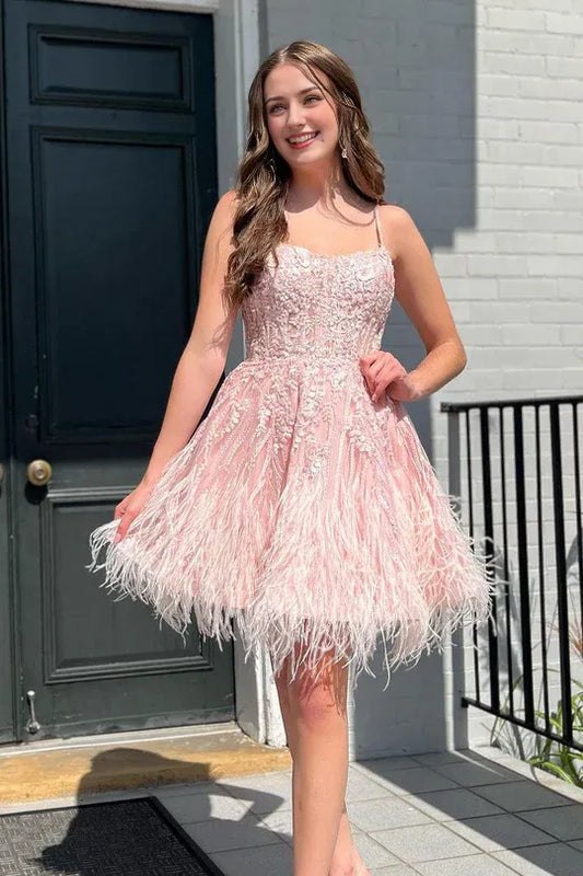 A-Line Scoop Neck Spaghetti Strap Lace Appliques Short Homecoming Dresses with Feather