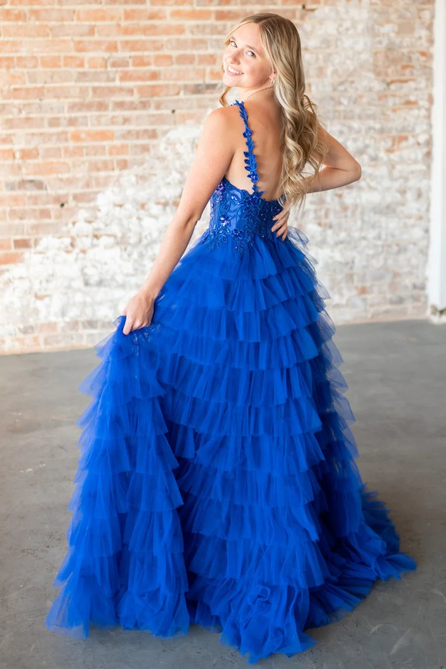 V-Neck Lace Appliques Ruffle Tiered Long Prom Dress