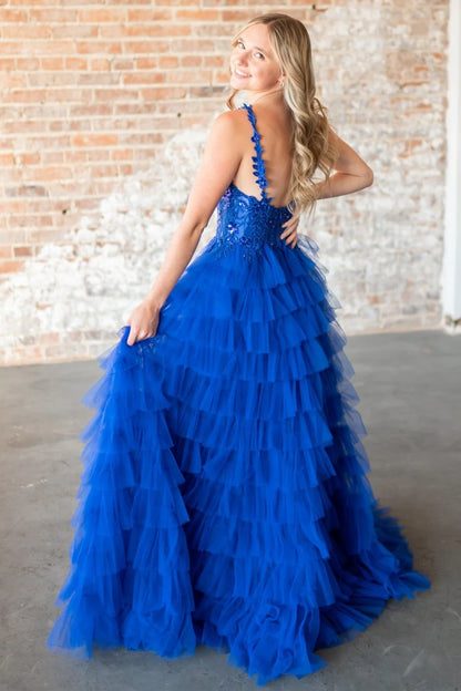 V-Neck Lace Appliques Ruffle Tiered Long Prom Dress