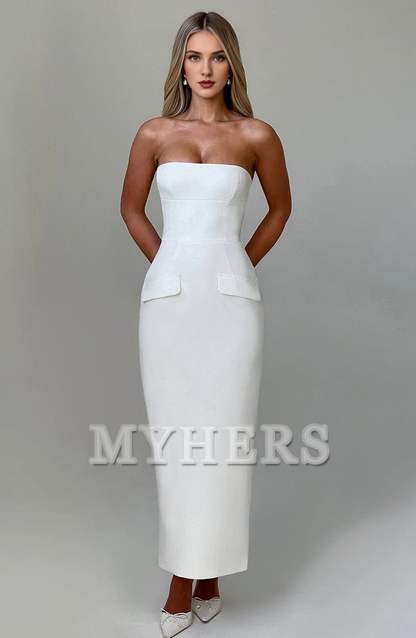 Elegant Strapless Mermaid Rear Fork Sheath Dresses Fake Pocket Decoration Bridesmaid Dresses Wedding Guests Dresses