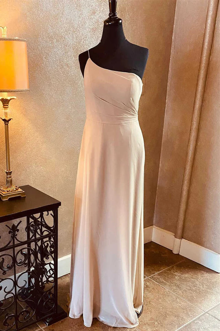 Champagne Chiffon Classic fit  One-Shoulder Long Bridesmaid Dress