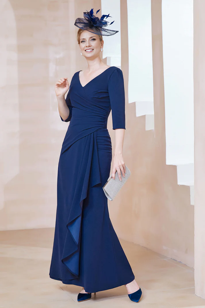 Fall November December Wedding Guest Dress Mother of the Groom / Bride Dresses V-Neck Pleated Ruffles Formal Long Dress