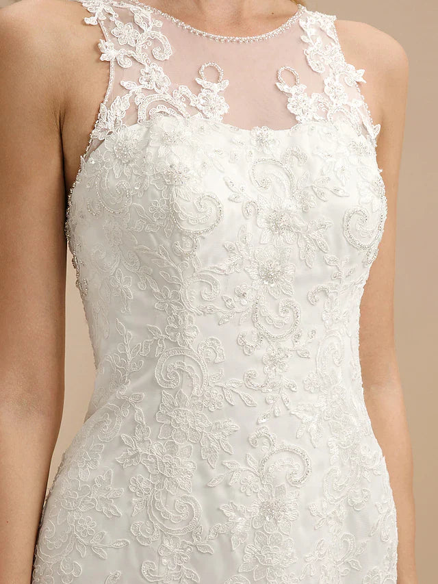 Wedding Dresses Bateau Neck All Over Lace Regular Straps Sexy Illusion Detail Backless with Beading Appliques