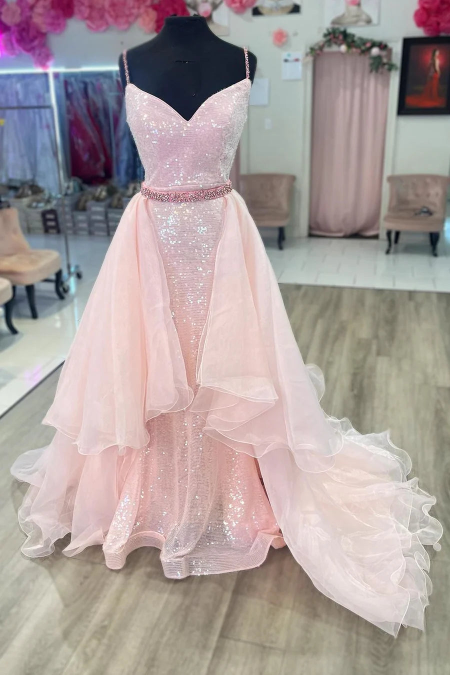 Sequin V-Neck Backless Long Formal Dress with Attached Train