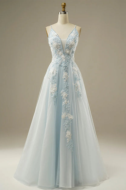 My Hers Ladies Formal Dress Luxury A-Line Spaghetti Strap Beading Exquisite Tulle Lace Applique Prom Dress