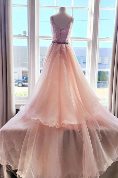 Sequin V-Neck Backless Long Formal Dress with Attached Train