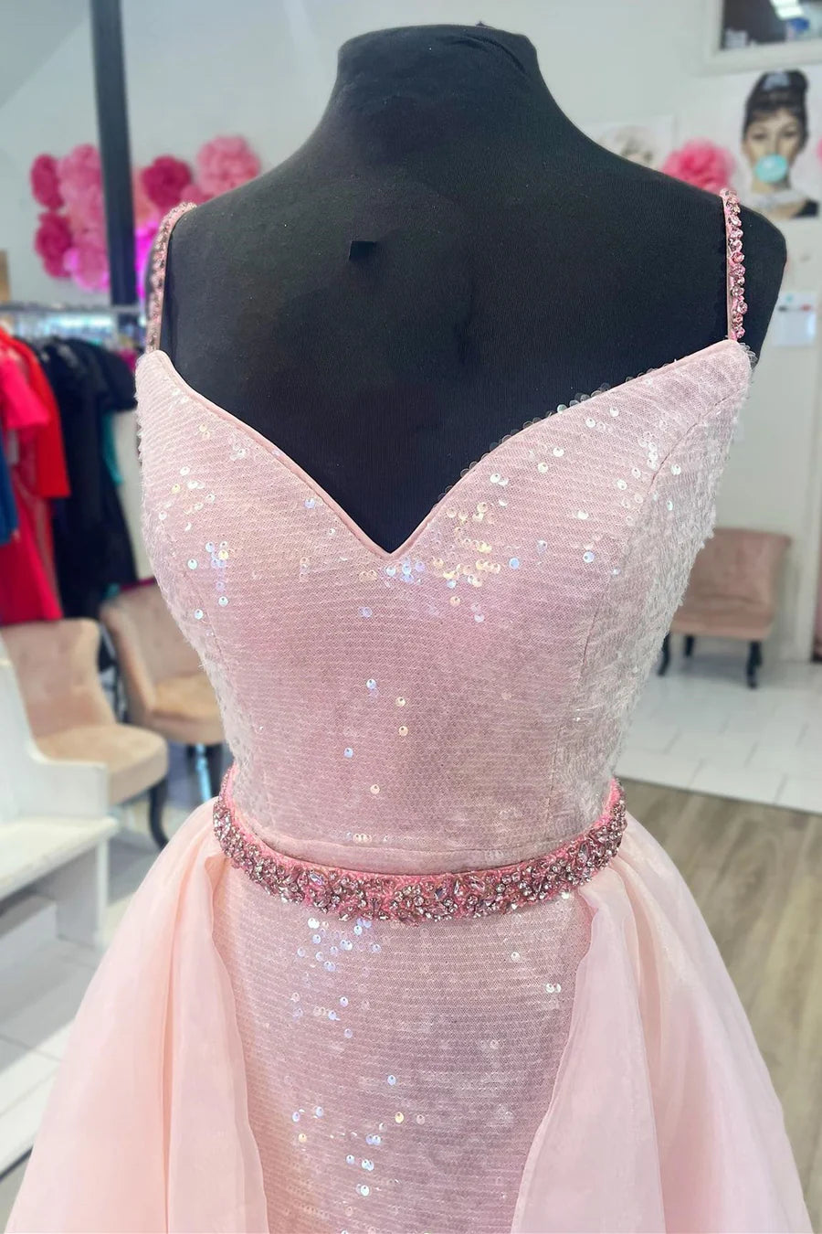 Sequin V-Neck Backless Long Formal Dress with Attached Train
