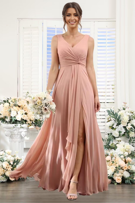 A-line V Neck Ruffles Side Fork Long Chiffon Elegant Bridesmaid Dresses Wedding Guests Dresses
