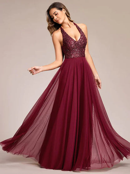 Sequin Halter Neck Top A-Line Backless Evening Dress with Tulle/Prom Dresses Party Dresses