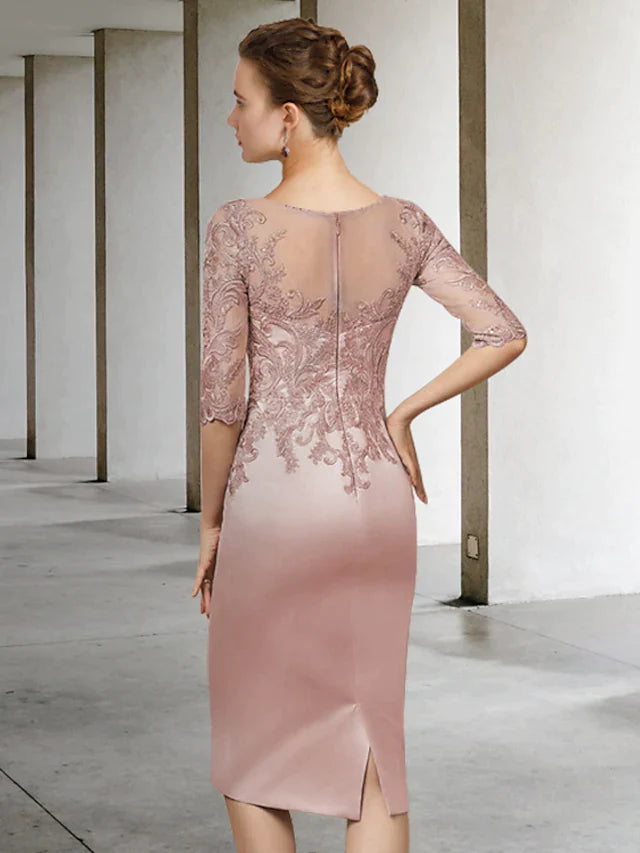 Mother of the Bride Dress Elegant Jewel Neck Knee Length Lace Satin Length Sleeve with Appliques