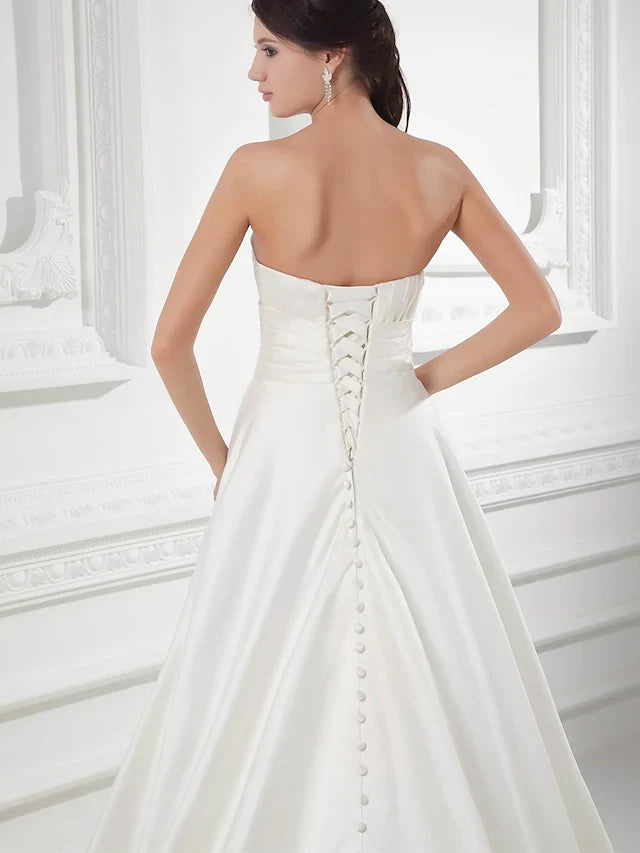 A-Line Wedding Dresses Sweetheart Neckline Court Train Satin Strapless with Buttons Ruched Beading