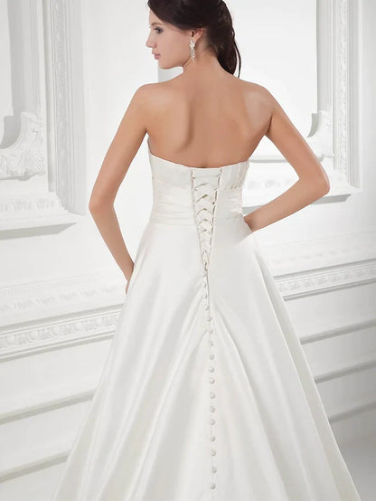 A-Line Wedding Dresses Sweetheart Neckline Court Train Satin Strapless with Buttons Ruched Beading