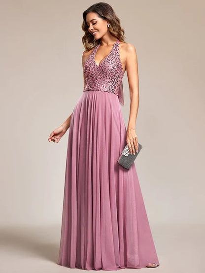 Sequin Halter Neck Top A-Line Backless Evening Dress with Tulle/Prom Dresses Party Dresses