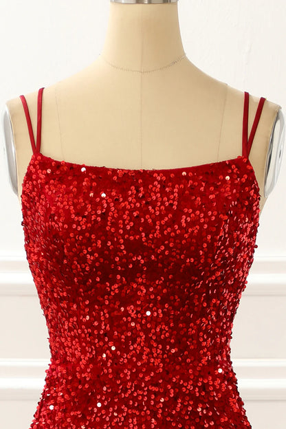 Mermaid Red Square Neck Sparkly Lace-Up Back Prom Dress with Fringes