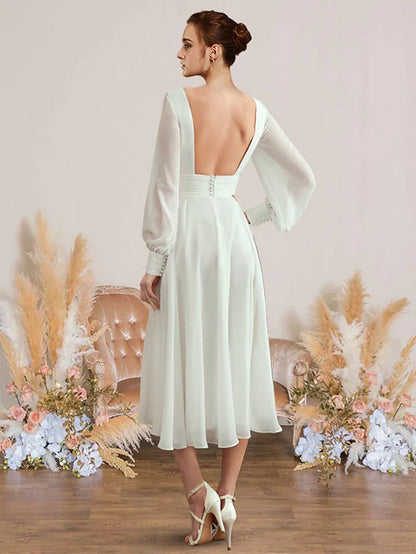 A-Line Wedding Dresses V Neck Tea Length Chiffon Long Sleeve Simple with Pleats