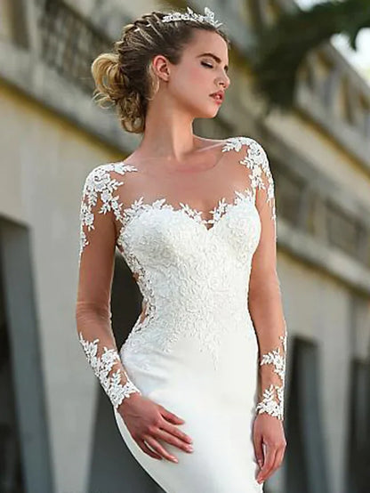 Wedding Dresses Jewel Neck Court Train Lace Long Sleeve Formal Casual Vintage Illusion Sleeve