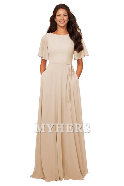 Chiffon Modest A Line Bateau Neck Flutter Sleeve Elegant Bridesmaid Dresses Wedding Guests Dresses