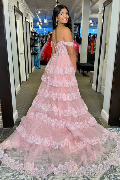 Sequin Appliques Off-the-Shoulder Ruffle Tiered Long Gown