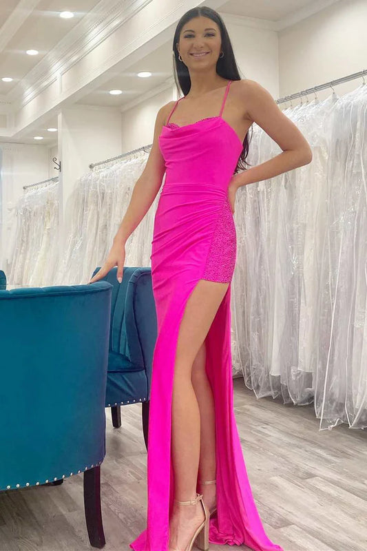 Beaded Cowl Neck Lace-Up Long Formal Dress with Slit