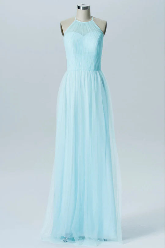 Light Blue Halter Sweetheart Tiered Bridesmaid Dress with Back Cutout