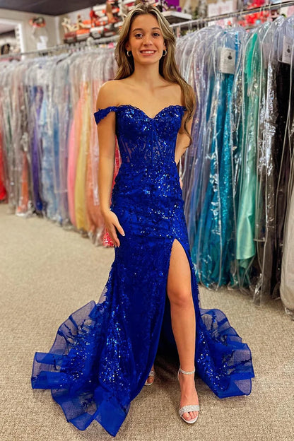 Off-the-Shoulder  Sequin Lace Mermaid Long Dress with Slit
