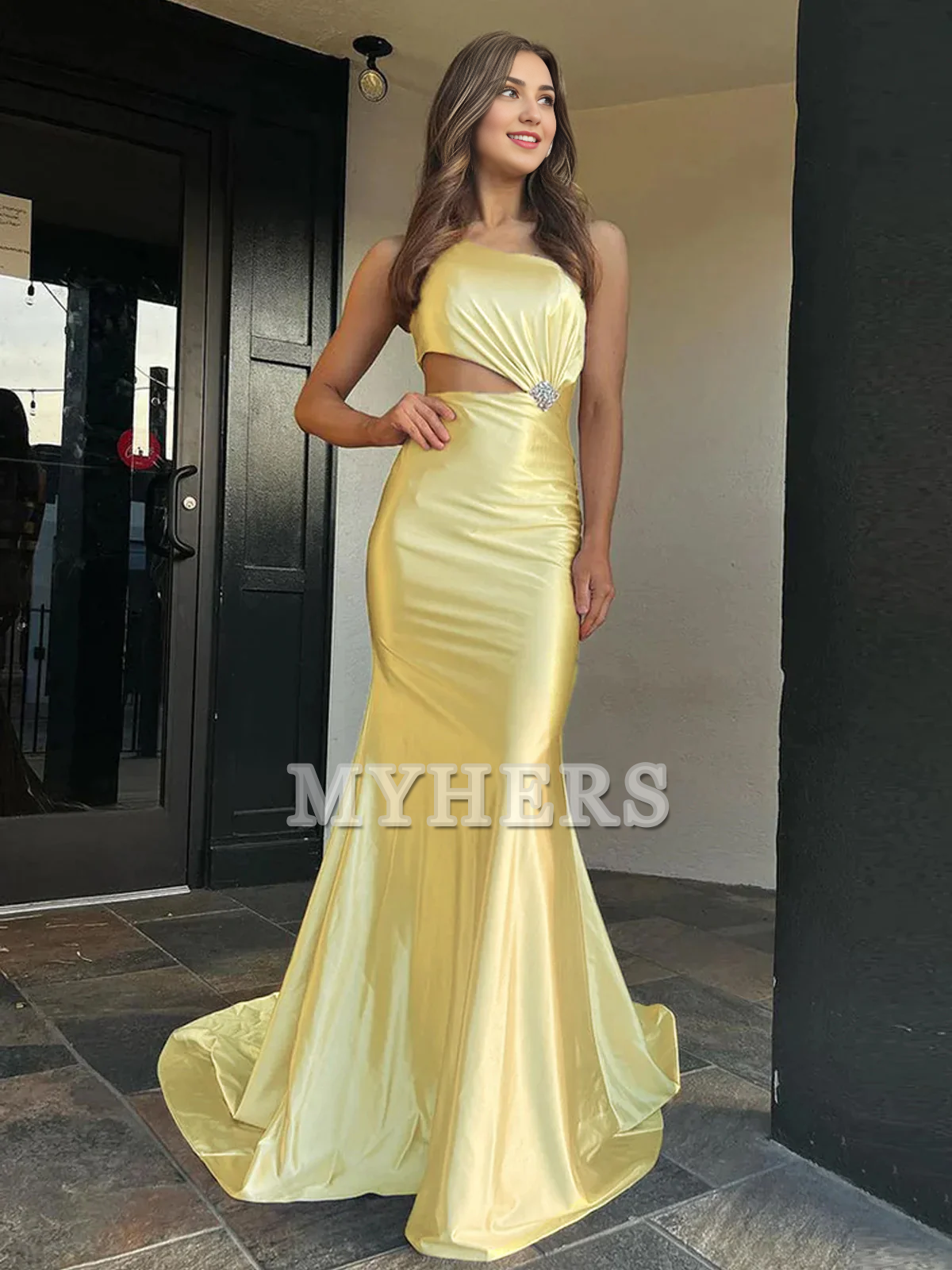 Formal Women's Dresses Wedding Guest Dresses One-Shoulder Sleeveless Mermaid Cultivate oneself Satin Long Prom Dress Show Waist Charming Evening Dress